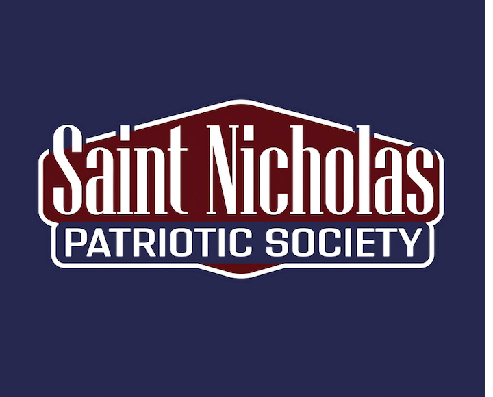 Logo for Saint Nicholas Patriotic Society, text in white with maroon border on navy background.