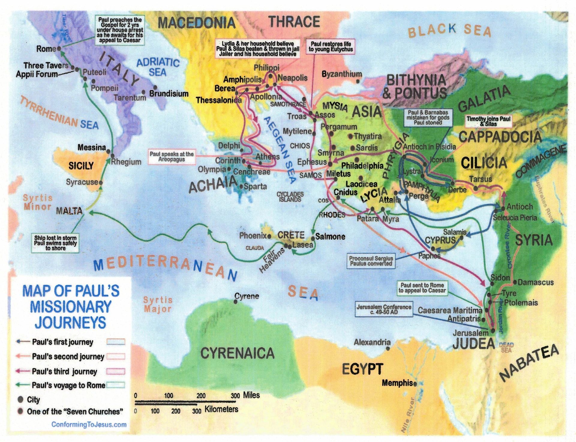 A map of Paul 's missionary journeys is shown