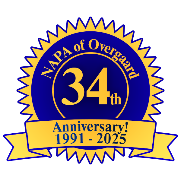 A blue and gold circular seal celebrating the 34th anniversary of NAPA of Overgaard from 1991 to 2025.