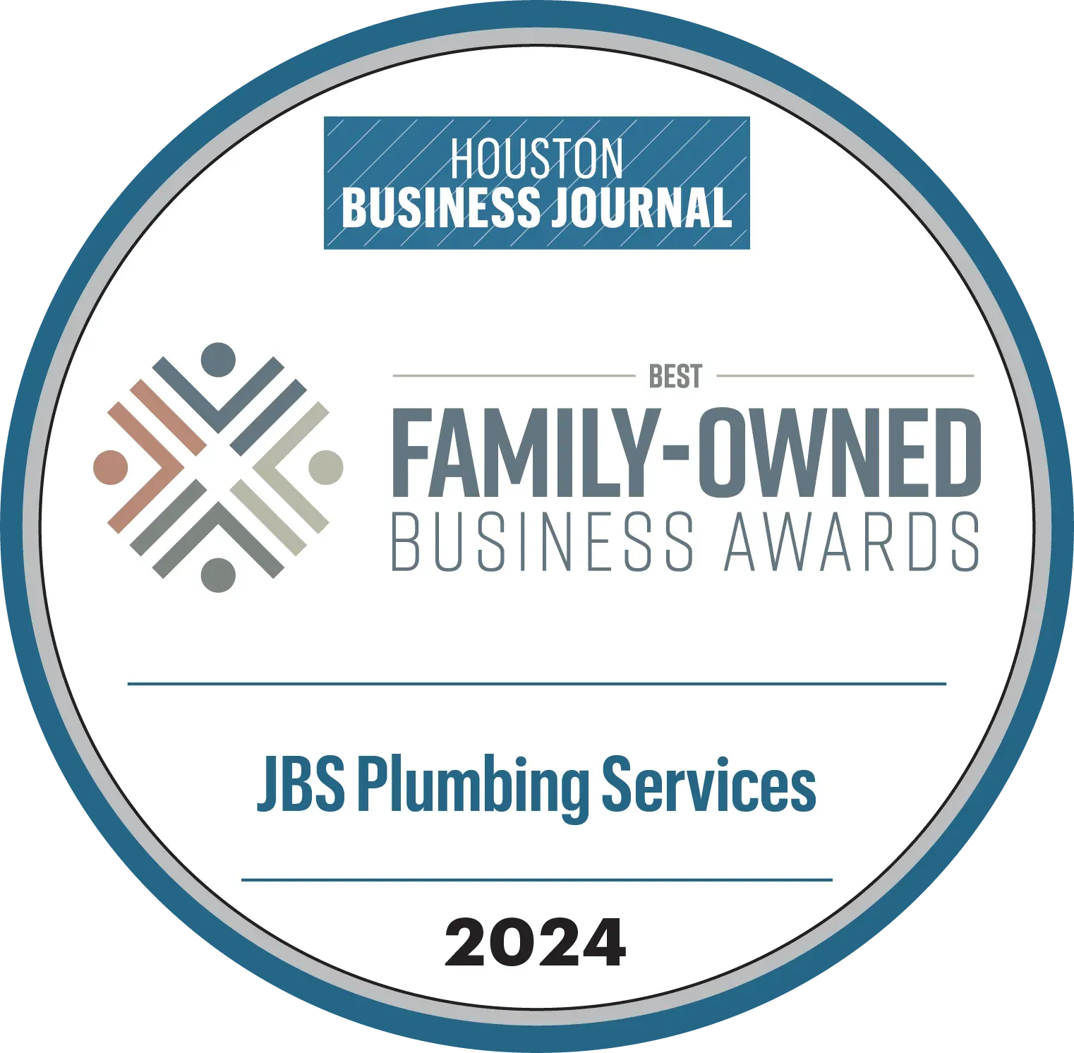 Award logo: Houston Business Journal Best Family-Owned Business, JBS Plumbing Services, 2024.