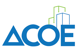 Blue ACOE logo with building outlines.