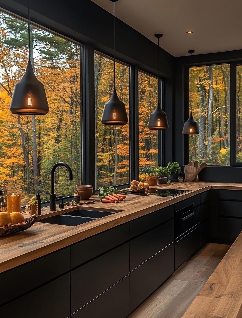 Modern black kitchen with wood countertops and windows overlooking autumn trees.