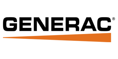 Generac logo: Black text with a long orange triangle underneath on a white background.