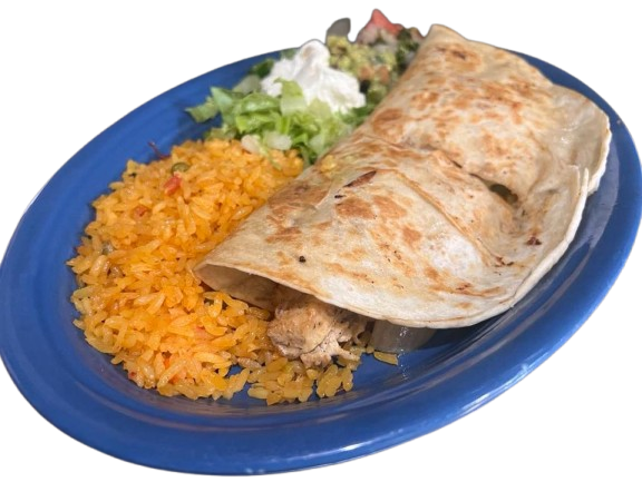 Blue plate with burrito, orange rice, and lettuce salad