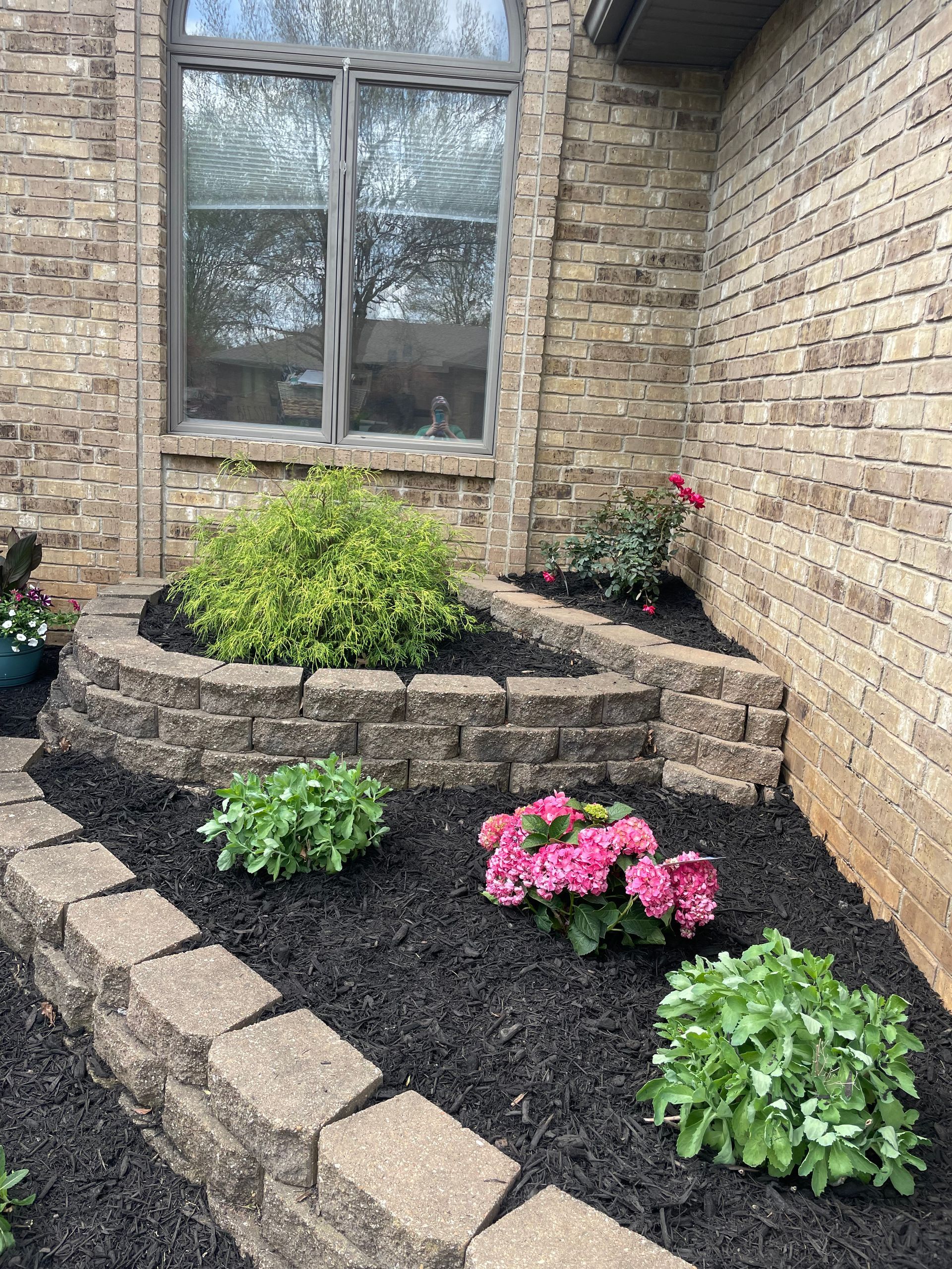 A garden with flowers and plants in front of a brick building.