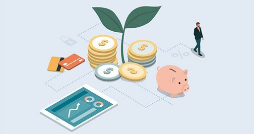 Coins, piggy bank, wallet, and stock chart icons on a light background, suggesting financial savings and investment