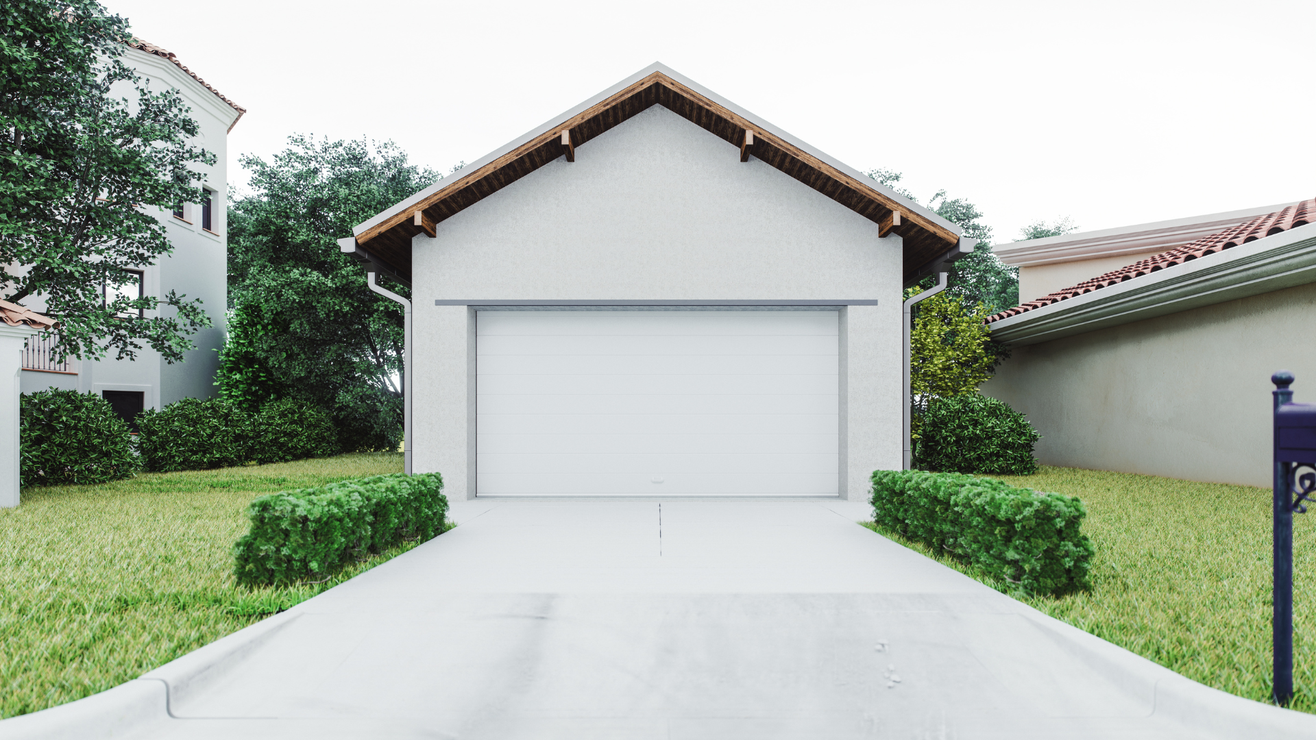 Suburban house with a white garage door, concrete driveway, and green hedges