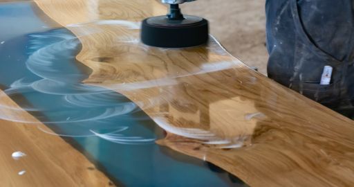 Wooden tabletop with blue resin being sanded by a polishing tool, showing a glossy finish.