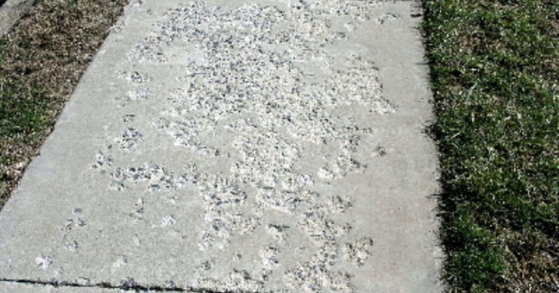 Damaged concrete sidewalk with rough white patches and grass on both sides