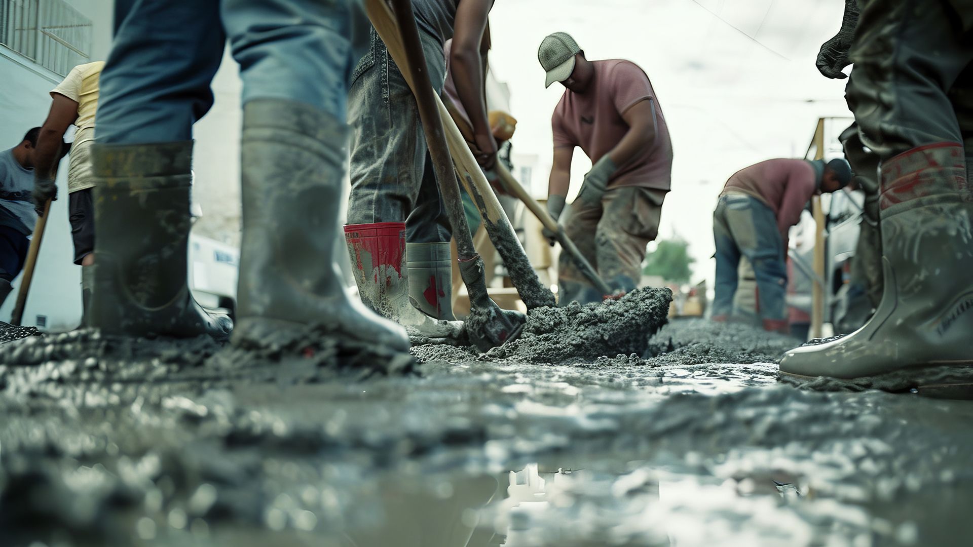 Workers shoveling wet asphalt on a road construction site, with boots and tools in muddy ground.