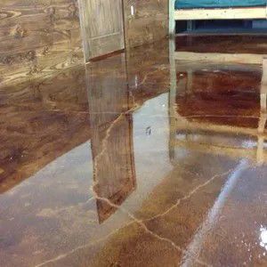 Shiny polished concrete floor reflecting a wooden door and wall in an empty room