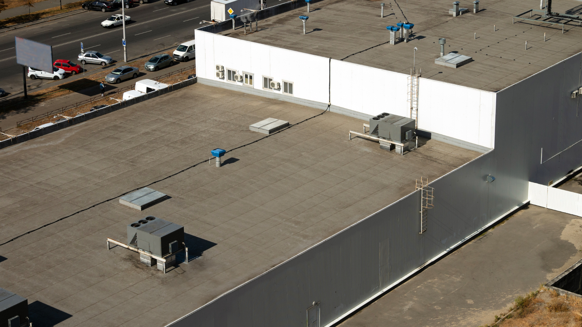An aerial view of the roof of a building