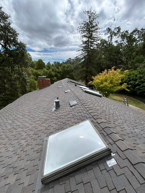 Brown shingled roof with skylights, vents, and a brick chimney under a cloudy sky, surrounded by trees.