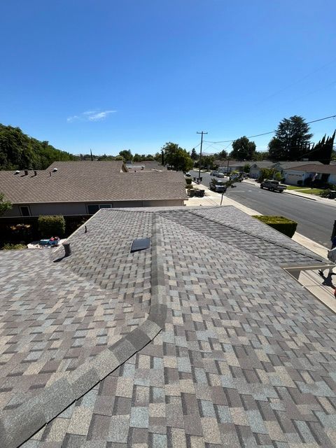 Shingle roof with varied gray tones, seen from above. A suburban street with houses and clear blue sky.