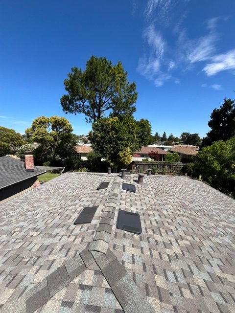 A roof with gray shingles, four skylights, and vents. Trees and houses in the background with a blue sky.