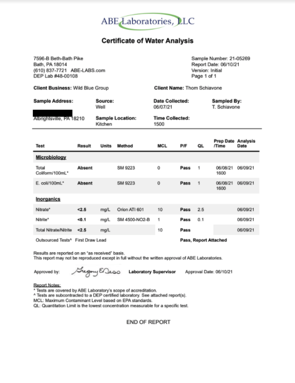 Wild Blue Home Inspections, water analysis report