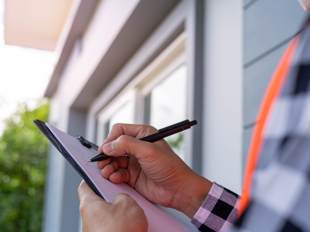 A person is writing on a clipboard with a pen. Person writing on clipboard next to a building, possibly inspecting the structure.