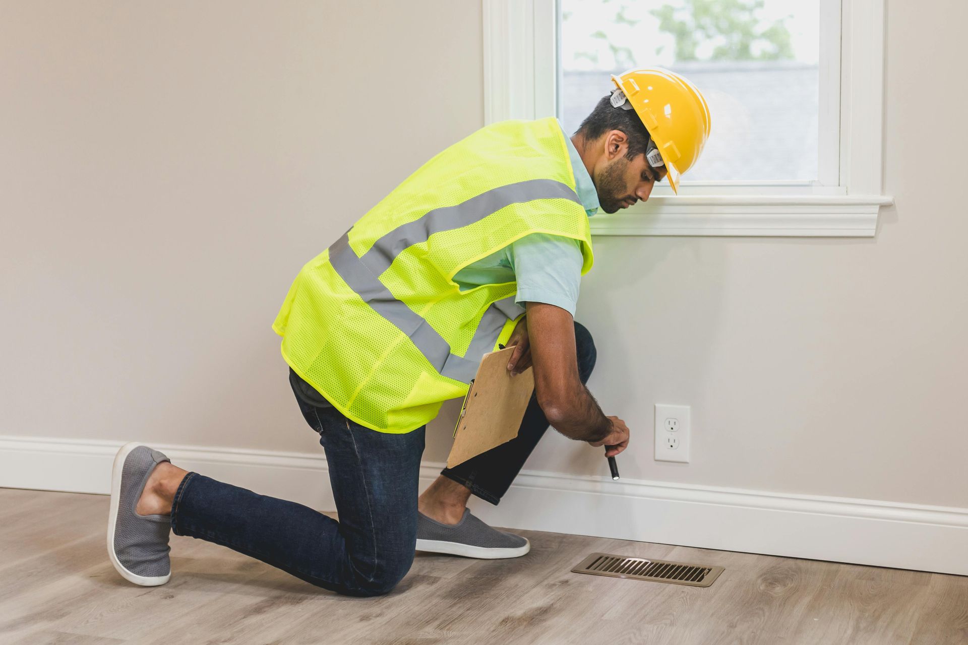 A man in a yellow vest and hard hat is kneeling down in a room.
