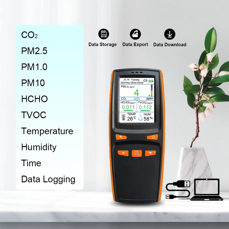 Air quality monitor displaying CO2, PM2.5, temperature, and other metrics. It is connected to a computer via USB.