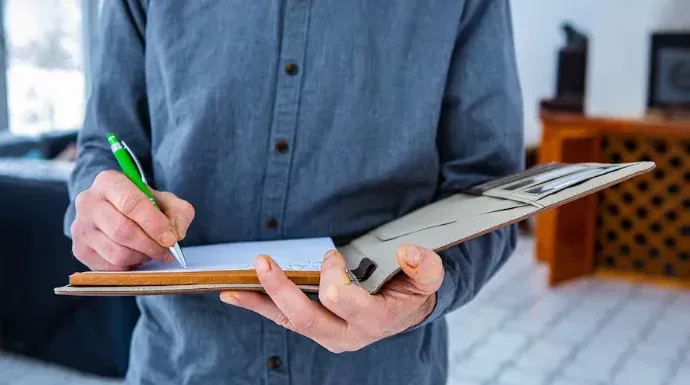 A man is doing an inspection and writing on a clipboard with a pen. A man is writing on a clipboard with a pen.