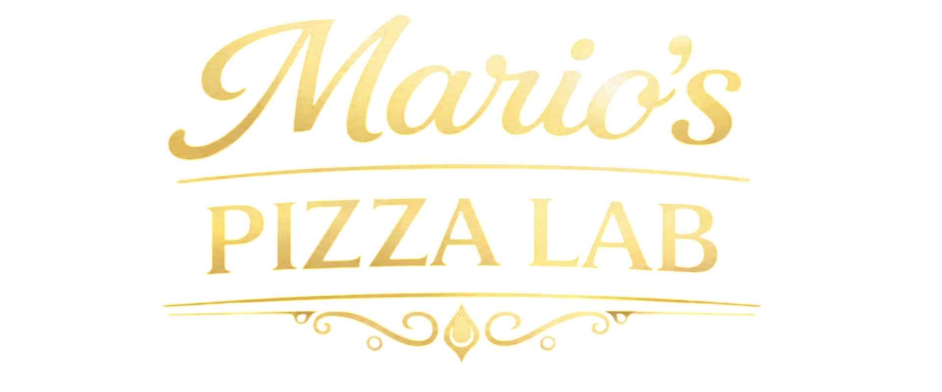 Logo di Mario's Pizza Lab in caratteri dorati con decorazioni su sfondo bianco.