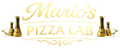Logo di Mario's Pizza Lab in oro con grafica a tema pizza su sfondo bianco.