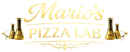 Logo di Mario's Pizza Lab con scritta dorata e dettagli a tema pizza su sfondo bianco.