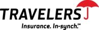 Travelers Insurance logo: Black text with a red umbrella. 