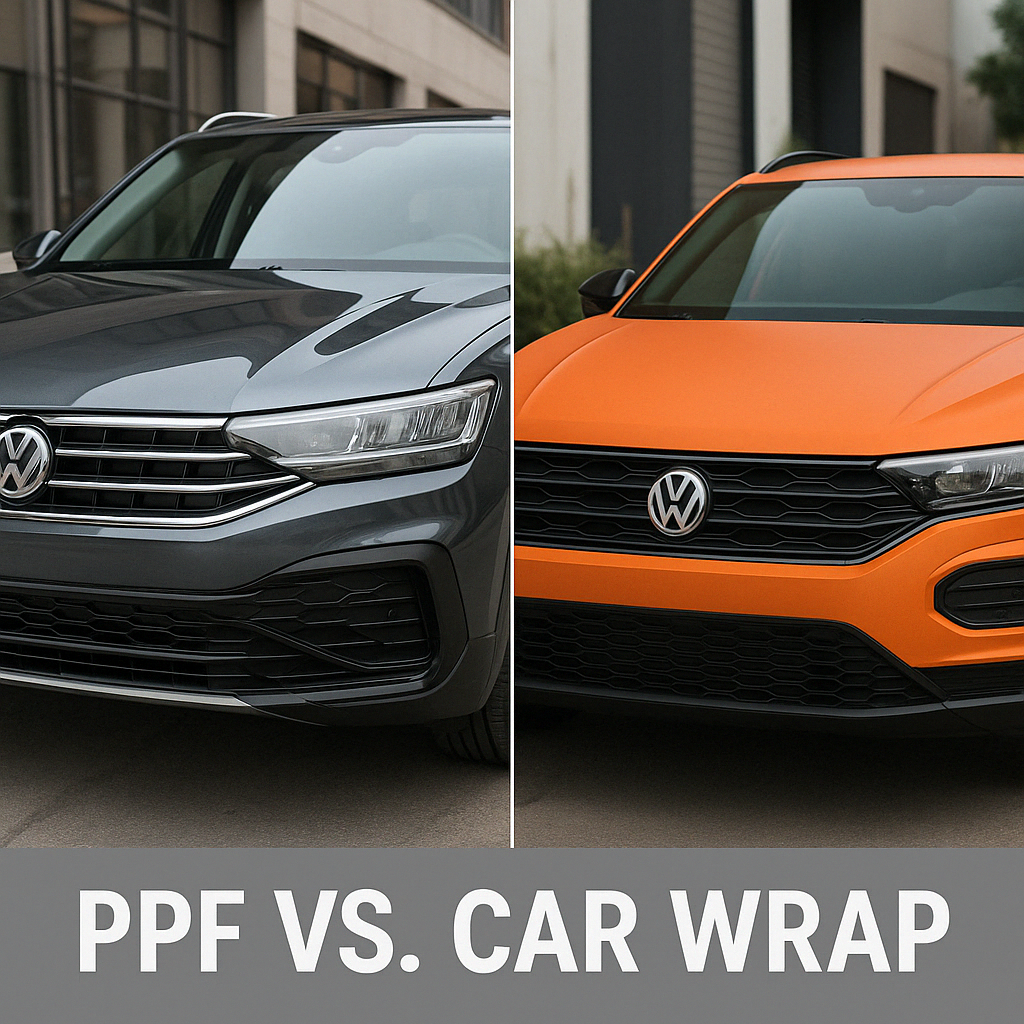 Split image of a black Volkswagen and an orange Volkswagen, labeled “PPF vs. Car Wrap”