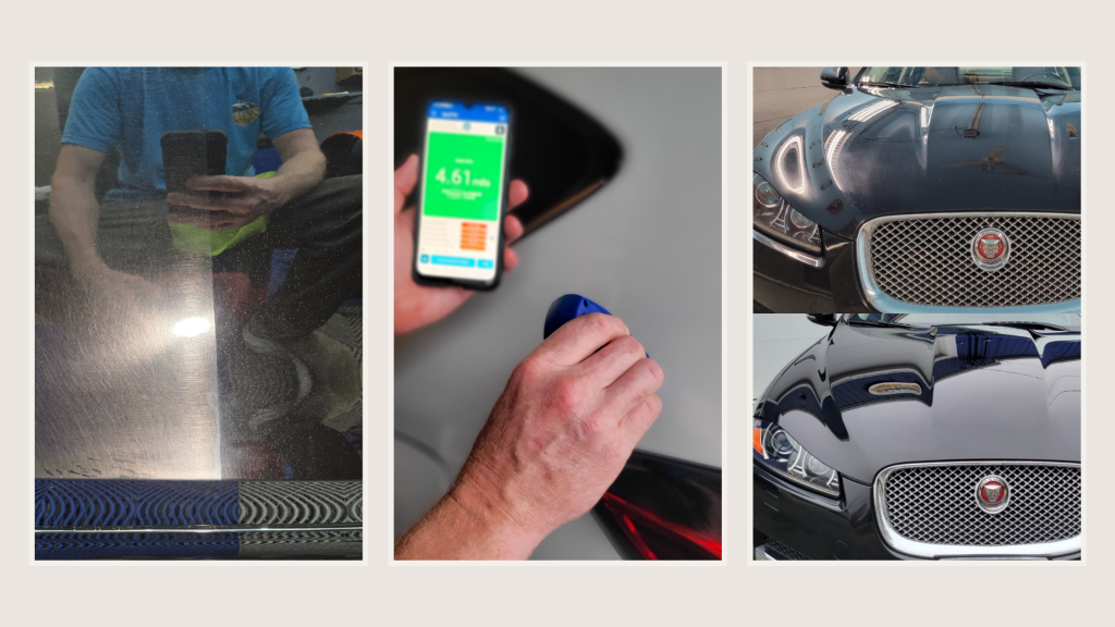 Collage of a person using a phone app and close-ups of a black Cadillac front grille and hood