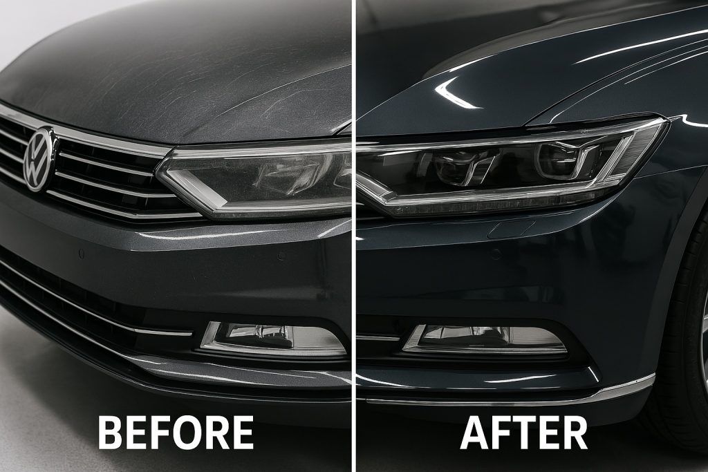 Volkswagen front end before and after detailing, showing a cleaner black grille and bumper on the right