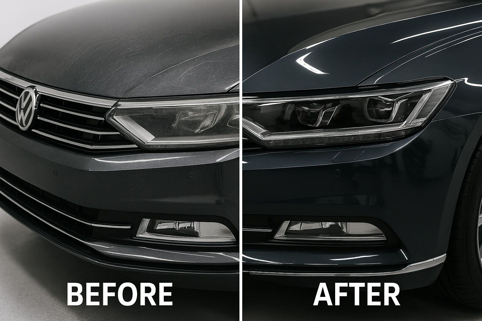 Split-screen car front before and after headlight and grille upgrade, labeled “Before” and “After”