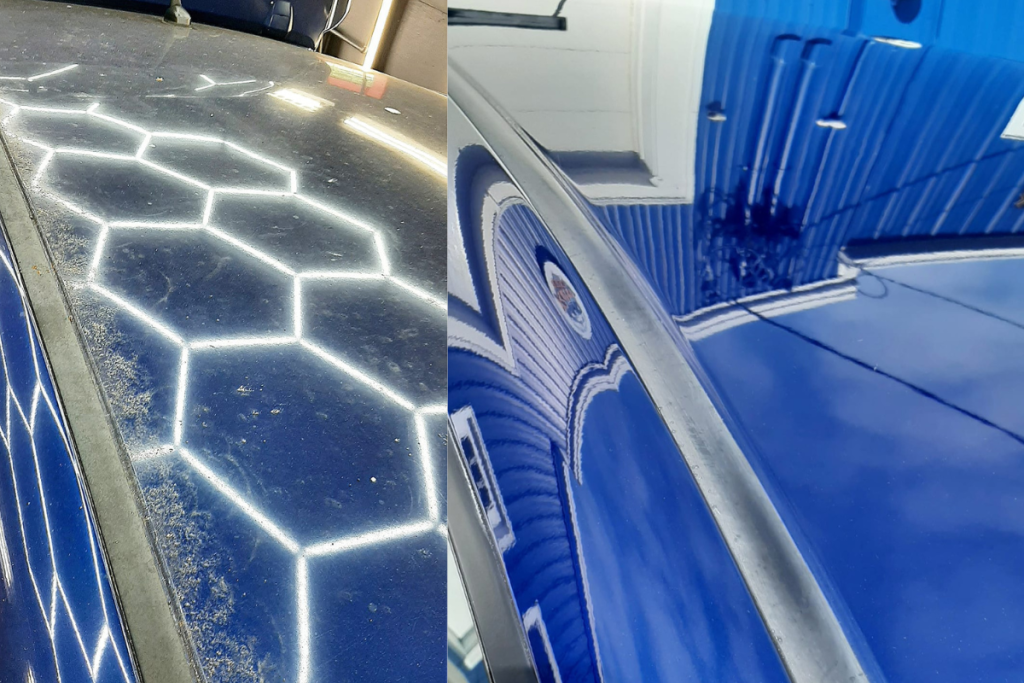 Blue car with white LED geometric light patterns on the hood and reflected in the side panel.