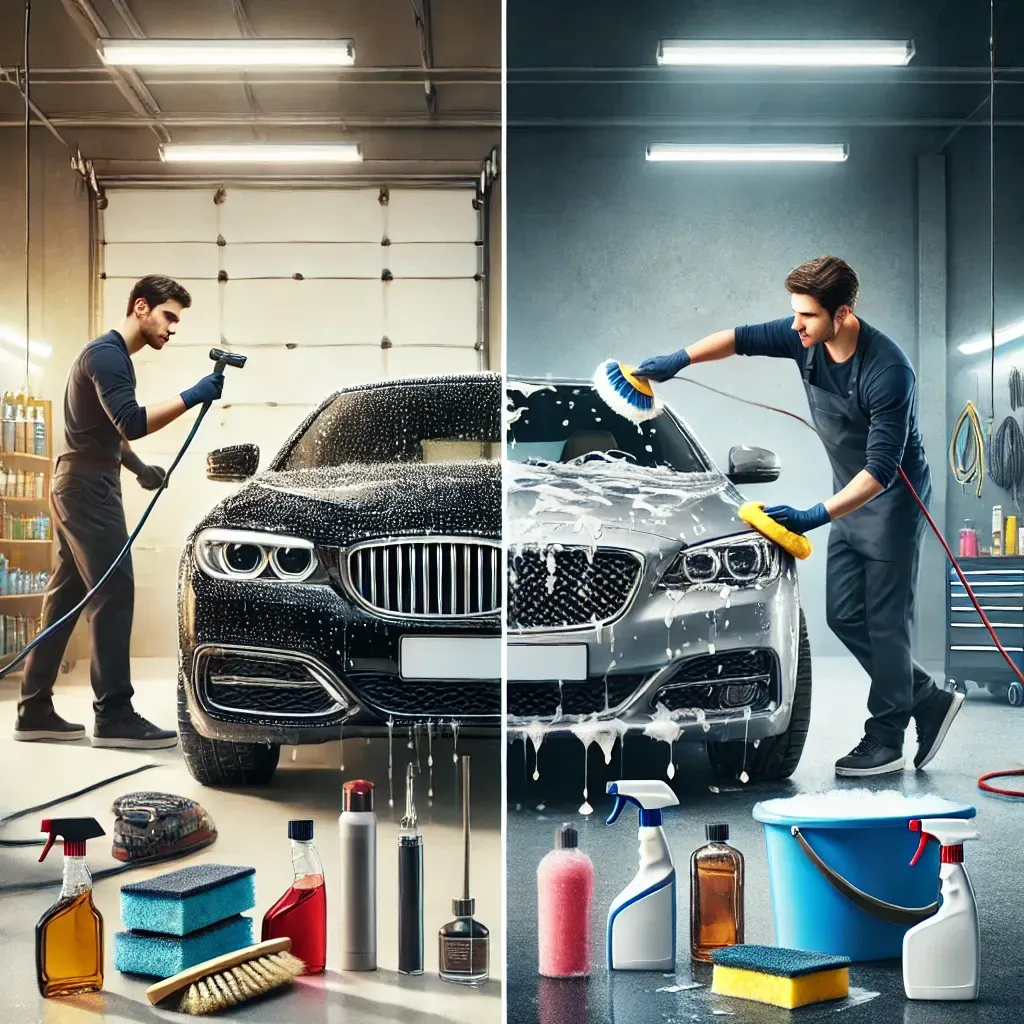 Car washed in a garage, split before-and-after with soap foam, tools, and two people cleaning it