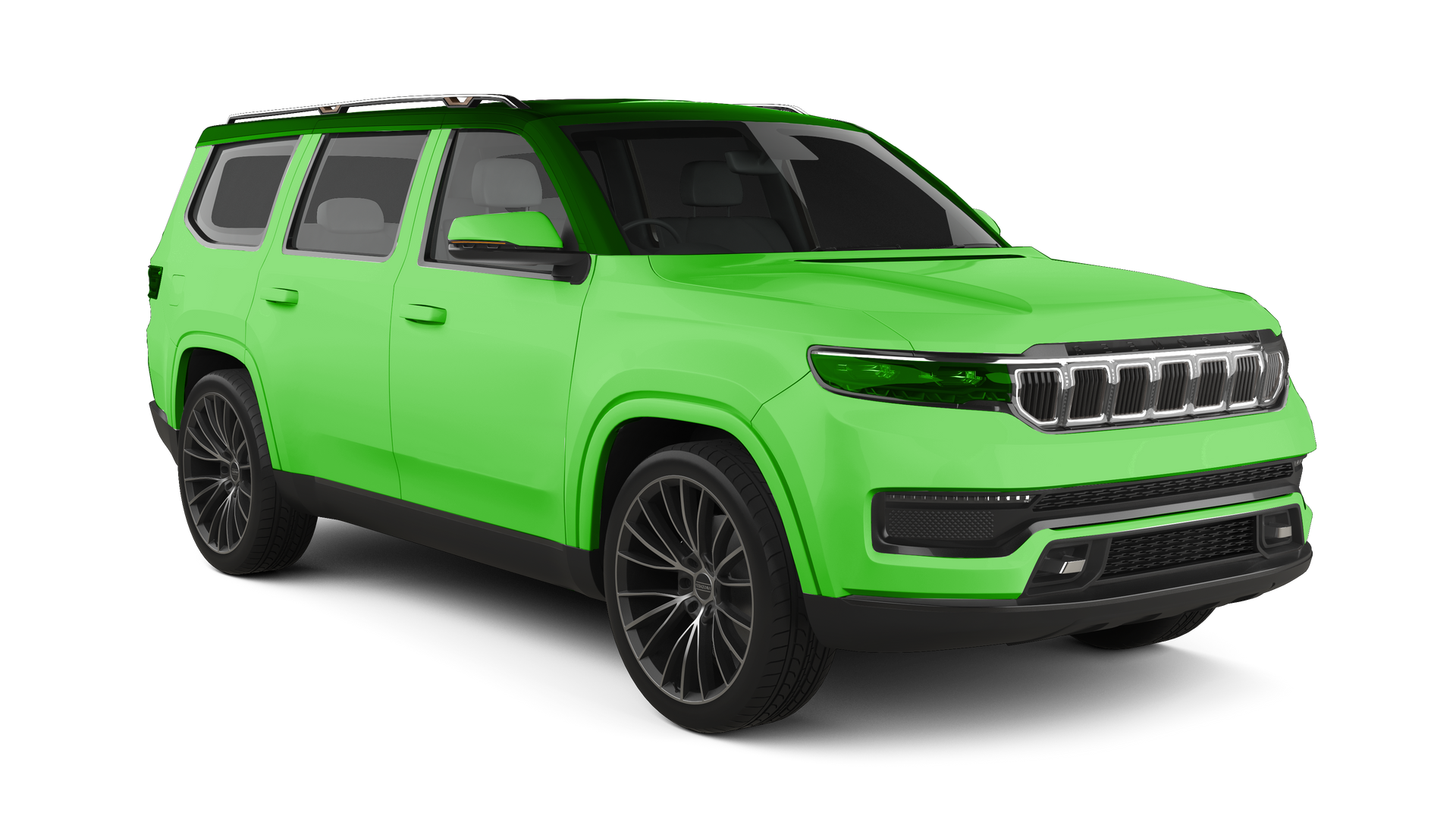 Bright green SUV on a white background, angled front-left view