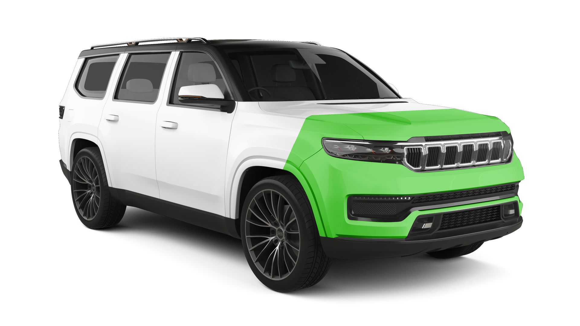 White SUV with bright green front end on a white background