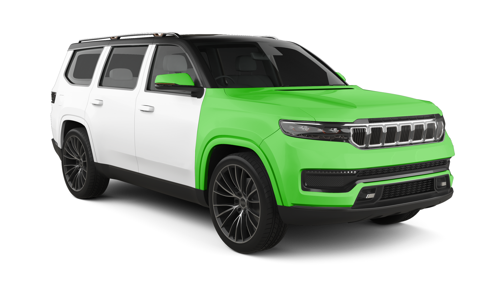 White SUV with bright green front hood and fender, shown in a studio-style side view
