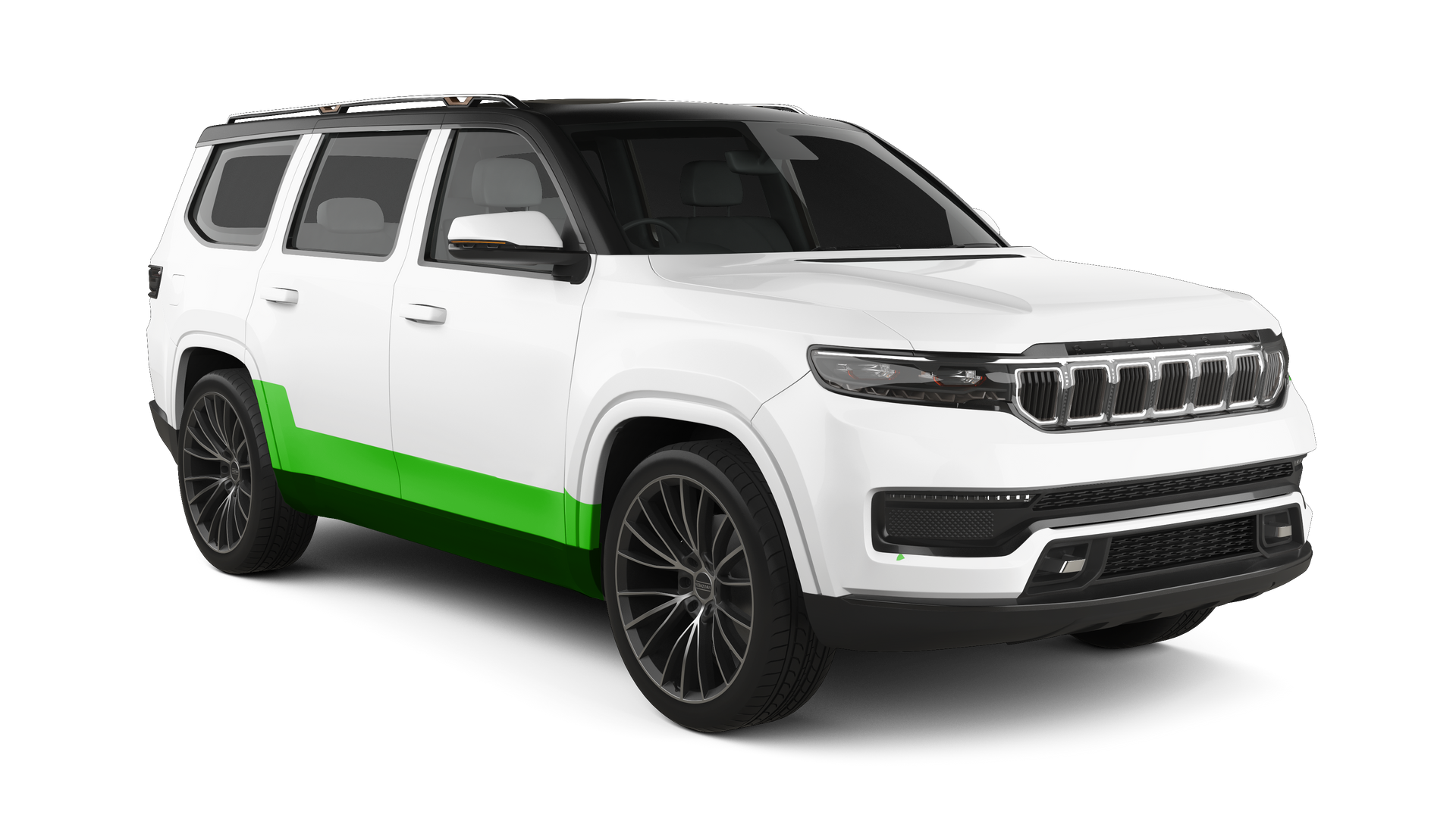 White SUV with green lower side panel on a white background
