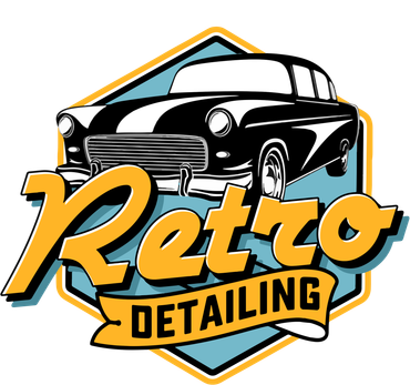 Retro Detailing logo with a black vintage car over orange and teal lettering.