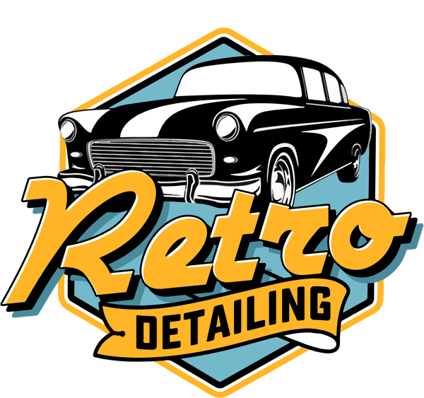 Retro Detailing logo with a black vintage car over orange and teal lettering.