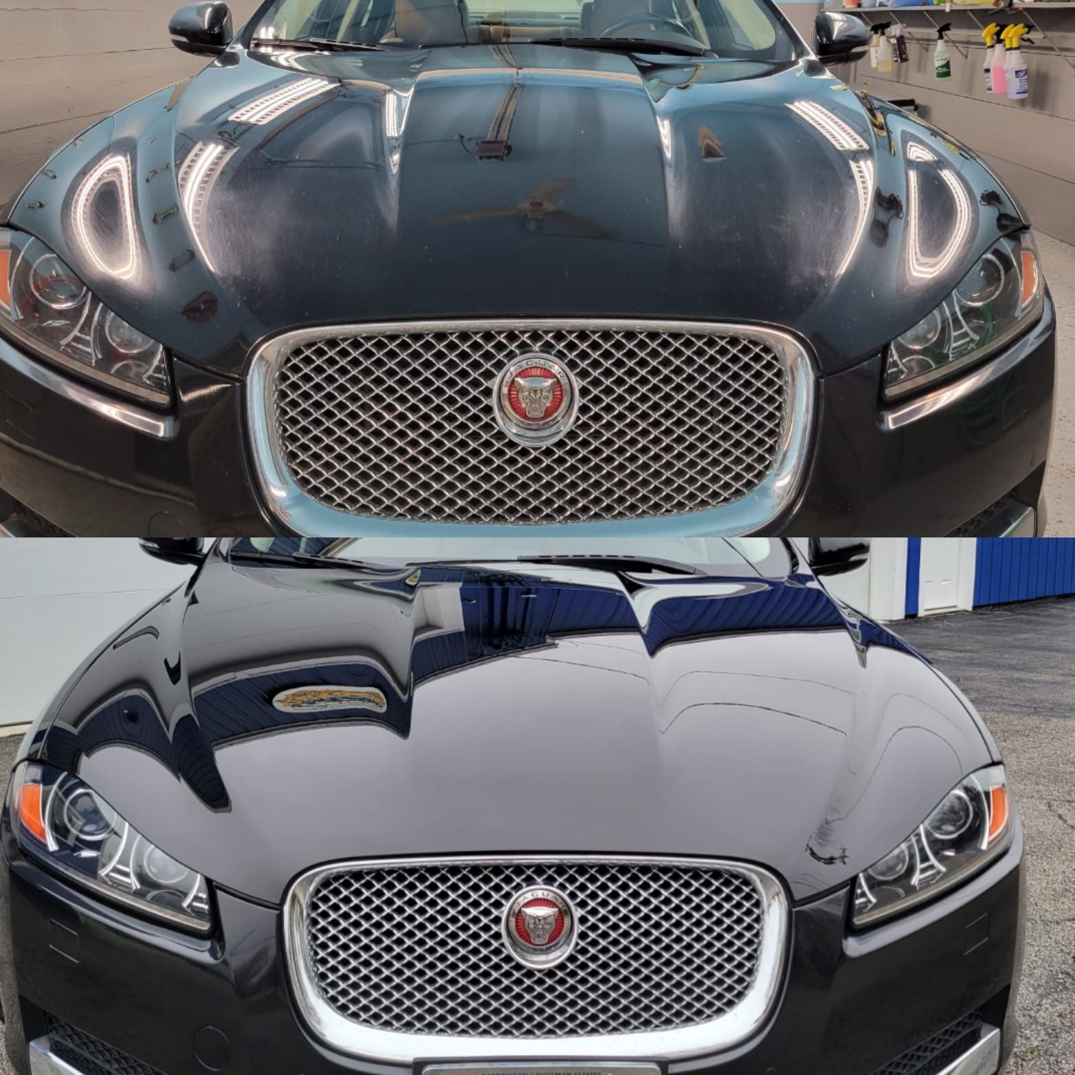 Two front views of a black Jaguar sedan showing hood reflections and the grille.