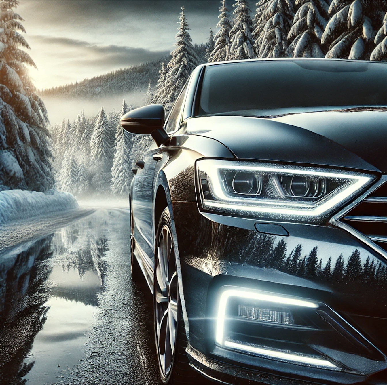 Black car driving on a snowy forest road at sunrise, with reflections on the wet pavement