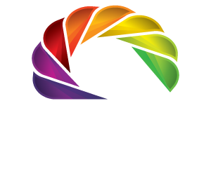 Colorful abstract swirl logo in rainbow shades on a white background