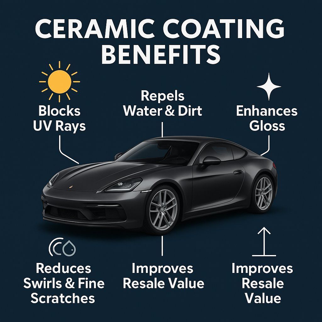 Black sports car infographic listing ceramic coating benefits: blocks UV, repels water, enhances gloss, reduces scratches.