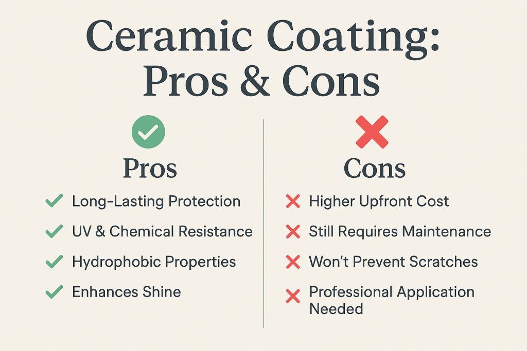 Ceramic coating pros and cons chart with green checkmarks and red X marks