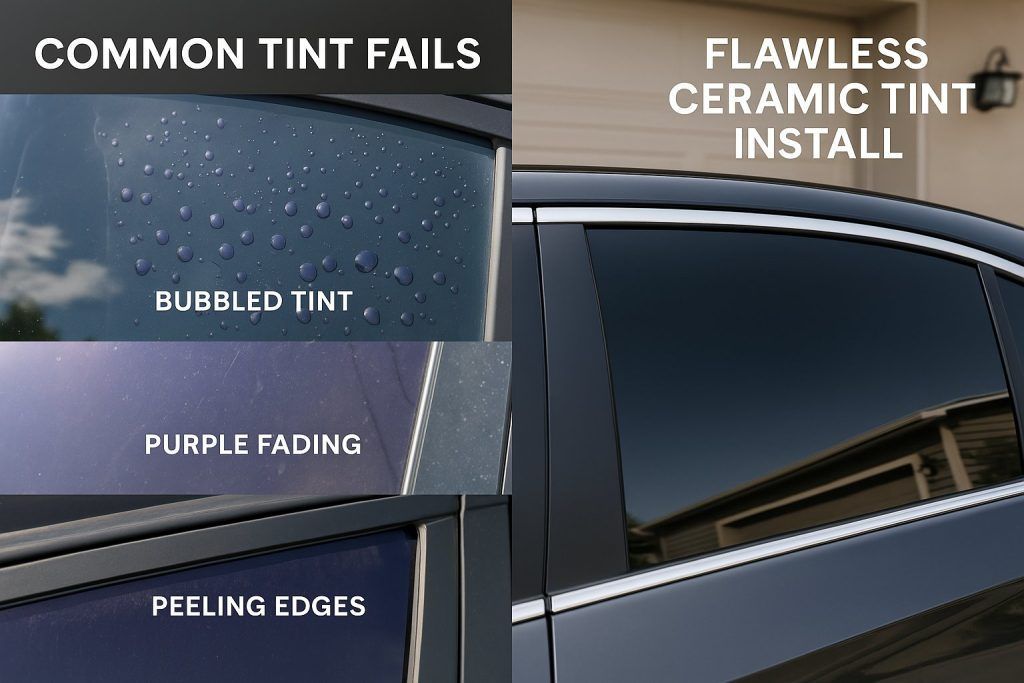 Car window with flawless ceramic tint beside common tint fails: bubbled, purple fading, peeling edges