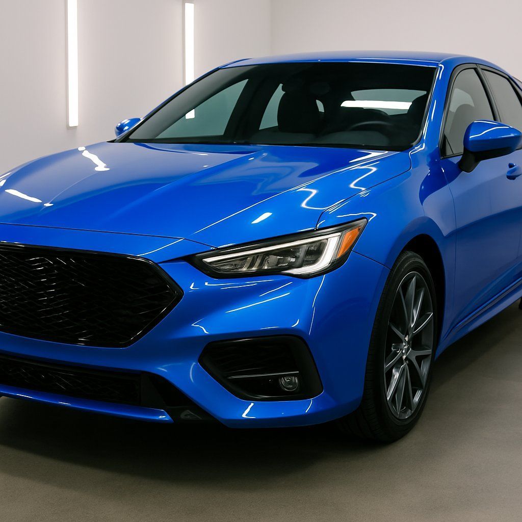 Blue sedan displayed indoors with a glossy finish and black grille
