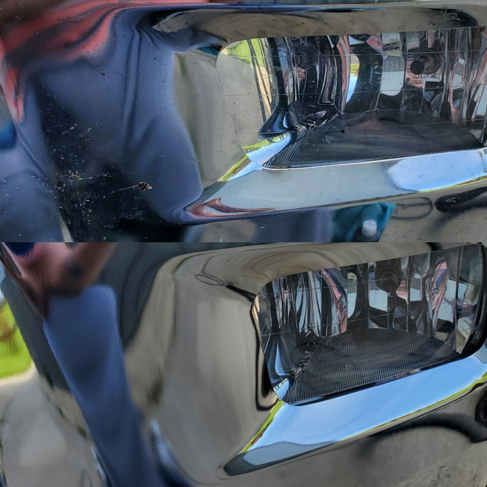 Close-up of a blue car’s chrome side mirror and door trim with sky reflections