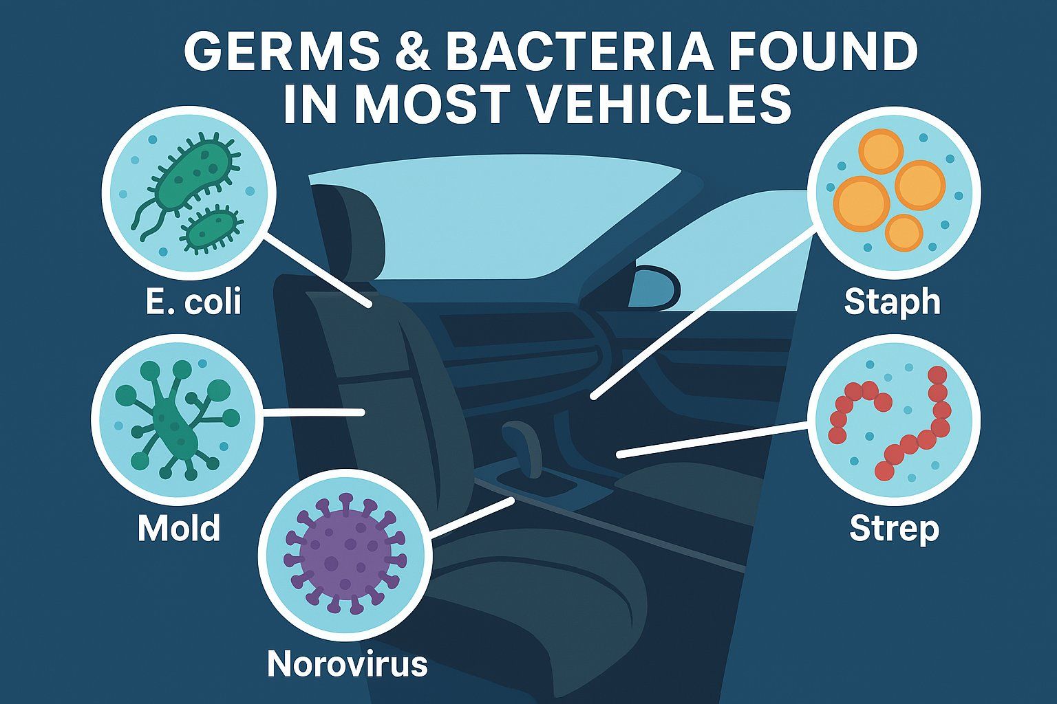 Infographic of germs and bacteria found in most vehicles, with icons for E. coli, mold, norovirus, staph, and strep