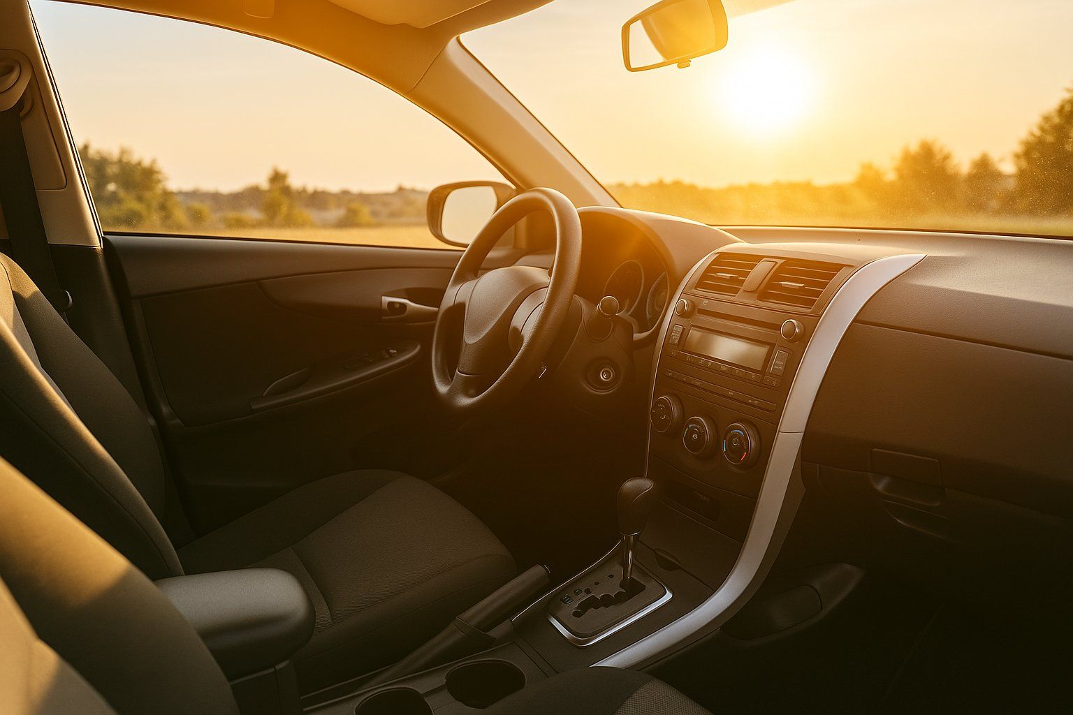 Car interior at sunset with black seats, dashboard, and steering wheel lit by warm golden light